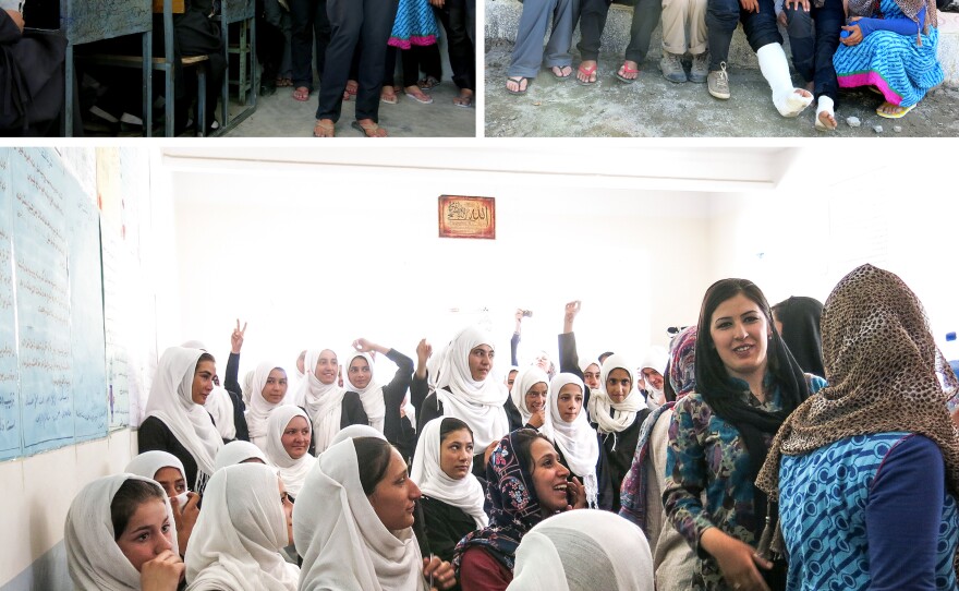 At top left, expedition leader Danika Gilbert speaks to Panjshiri schoolgirls about the climb. At top right, American guide Emilie Drinkwater poses with climbers. At bottom, Afghan schoolgirls ask questions of the mountain climbing team after a presentation.