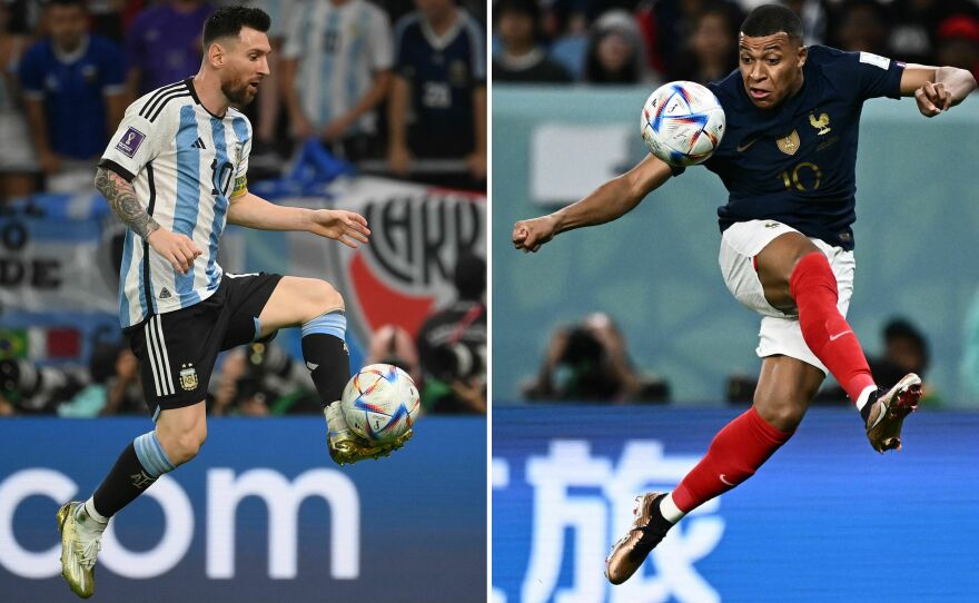 Argentina's forward #10 Lionel Messi (L) in Al-Rayyan, Qatar on December 3, 2022 and France's forward #10 Kylian Mbappé in Al-Wakrah. Argentina plays France in the 2022 World Cup final match in Doha, Qatar on December 18, 2022.