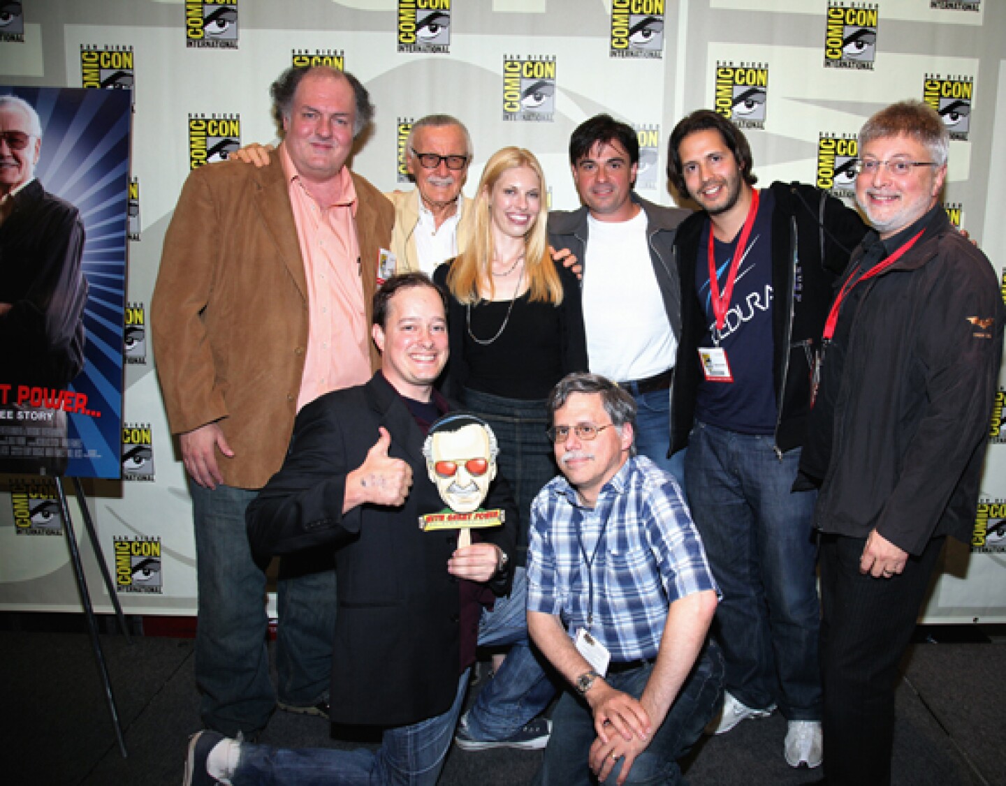 Stan Lee (Back row, second from left) takes a photo with a panel at Comic Con in San Diego, Calif. 2007.