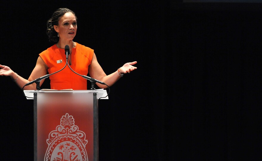 Melissa Harris-Perry speaks at the Maya Angelou Forever Stamp dedication at the Warner Theatre on April 7, 2015, in Washington, D.C. Harris-Perry hosted a weekend talk show on MSNBC but left that role last month, amid a dispute with the network.