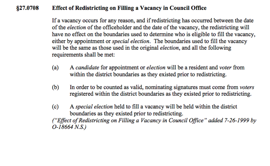 This section of San Diego's Municipal Code dictates that the special election in District 4 must be held using the old district boundaries.