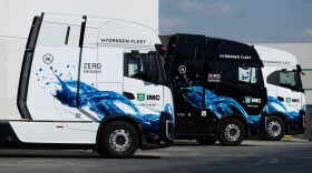 Hydrogen-powered trucks at IMC headquarters in Compton on Oct. 29, 2024.