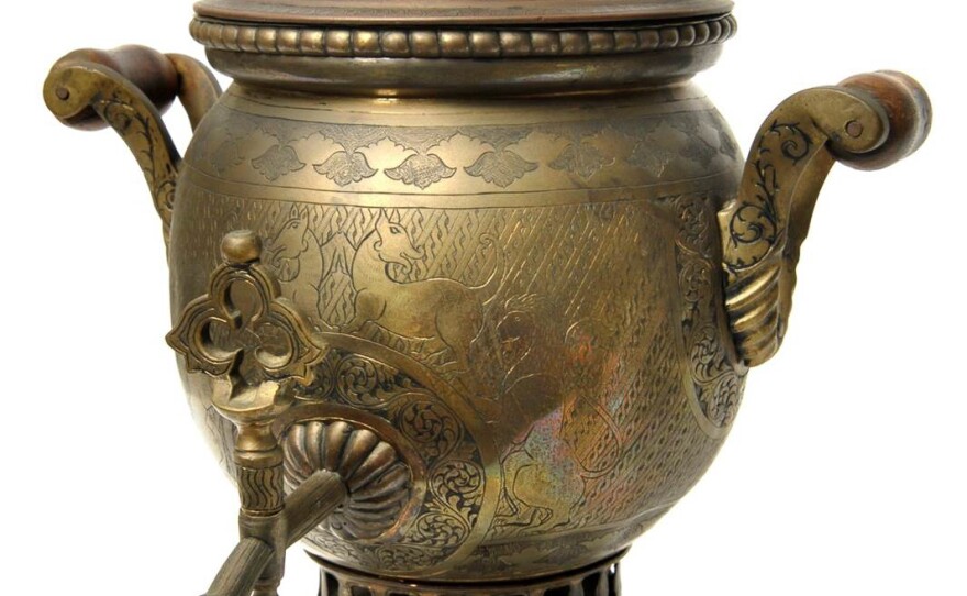 A late 19th-century samovar made in Tula, Russia, a metalworking town south of Moscow. The very first samovar factory opened in Tula in 1778. As demand for samovars grew, the town became almost synonymous with the production of the giant hot-water urns.