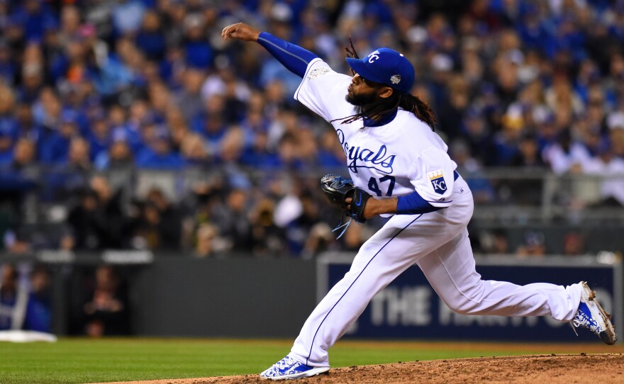 Johnny Cueto of the Kansas City Royals throws a pitch in the third inning Wednesday night against the New York Mets in Game Two of the 2015 World Series in Kansas City.