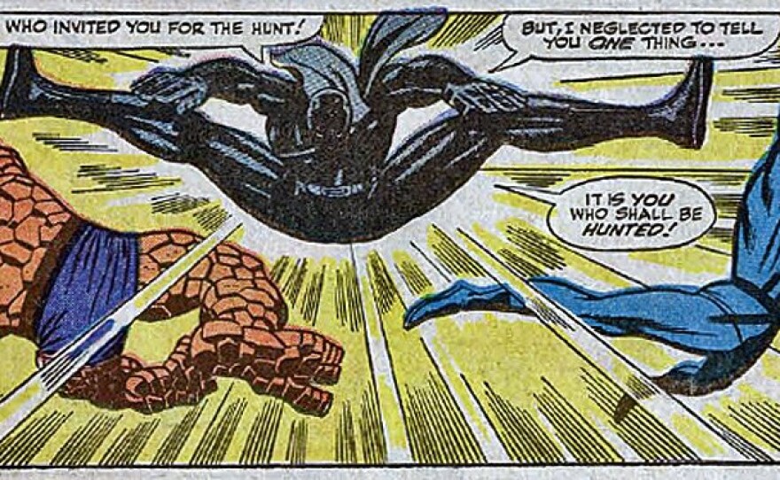 Black Panther's first appearance in Fantastic Four Issue #52 where he fought the four superheroes and beat them.