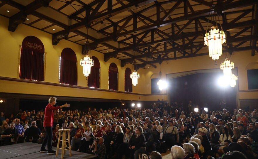 Massachusetts Sen. Elizabeth Warren speaks during a campaign event at Iowa State University's Memorial Union in Ames, Iowa.