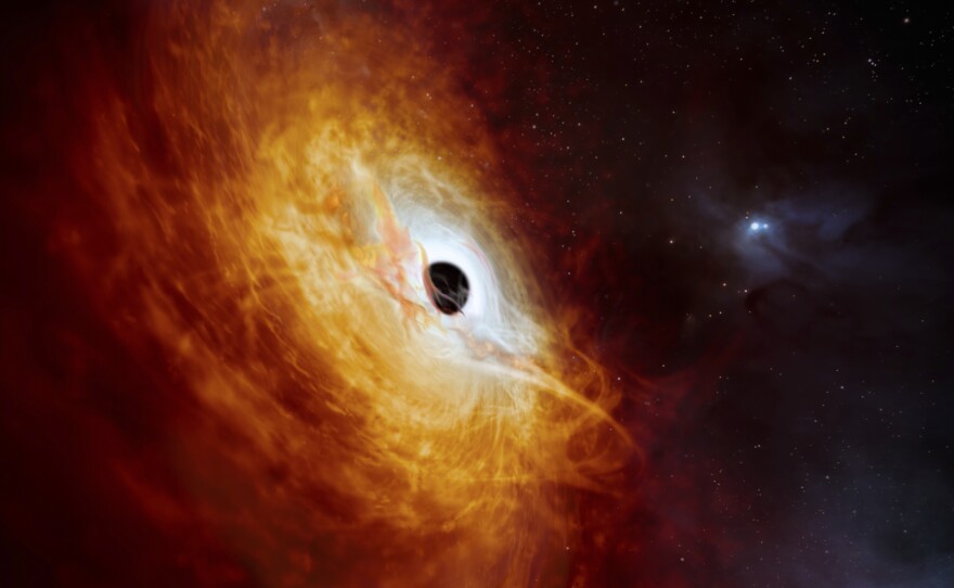 This illustration provided by the European Southern Observatory this month depicts the record-breaking quasar J059-4351, the bright core of a distant galaxy that is powered by a supermassive black hole.
