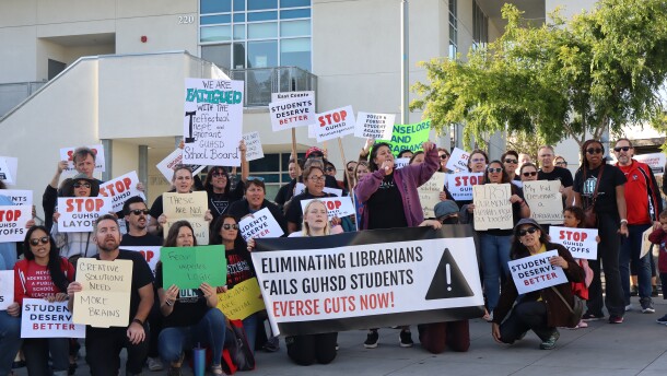 Students, staff and other community members protest at Grossmont High School before the Grossmont Union High School District's board meeting on Thursday, April 24, 2025.