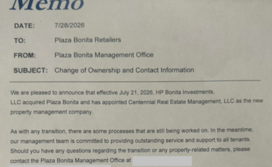 An excerpt of an internal memo to Plaza Bonita retailers announcing the change in ownership is shown on Thursday, July 30, 2026.