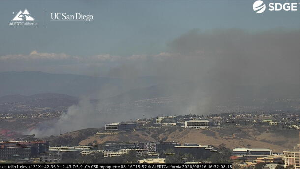 The Sorrento Fire, which has burned about 71 acres, billows smoke in the distance on Aug. 16, 2026.