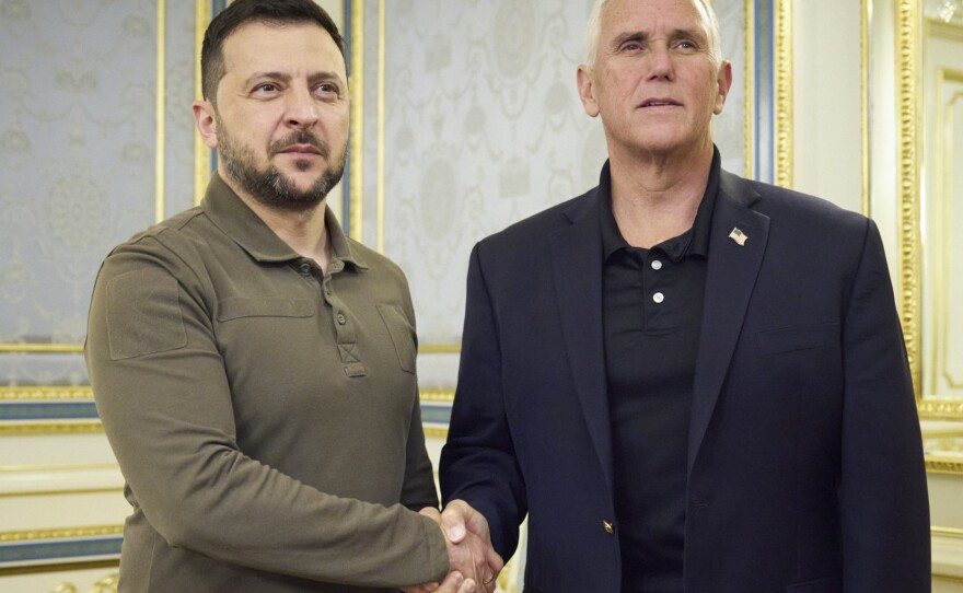 In this photo provided by the Ukrainian Presidential Press Office, Ukrainian President Volodymyr Zelenskyy, left, and former US Vice President Mike Pence pose for photo during their meeting in Kyiv, Ukraine, Thursday, June 29, 2023. (Ukrainian Presidential Press Office via AP)