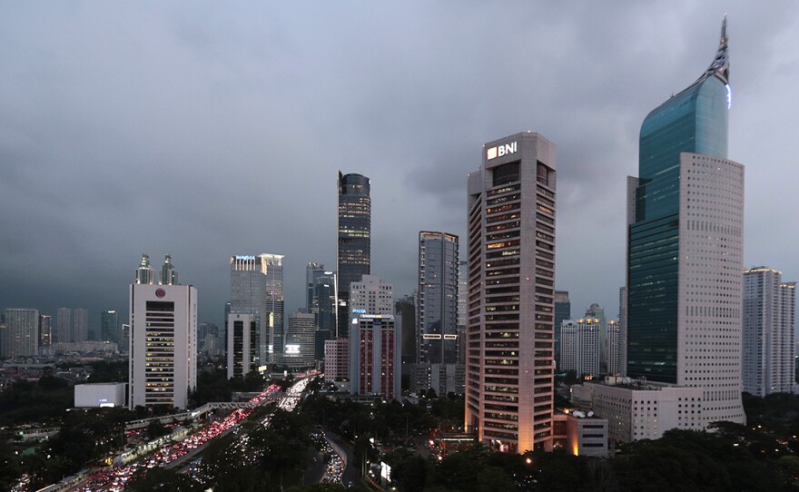 The central business district skyline is seen during the dusk on Monday in Jakarta, Indonesia.