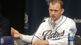 Andy Green, the new manager of the San Diego Padres, speaks at a news conference announcing his hiring, Oct. 29, 2015, San Diego.