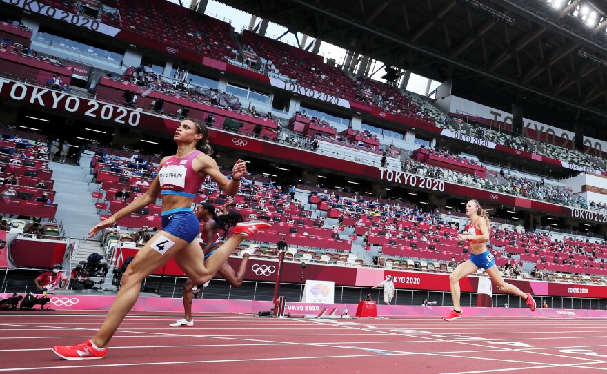 Sydney McLaughlin of Team United States competes in the Women's 400m Hurdles Final on day twelve of the Tokyo 2020 Olympic Games at Olympic Stadium on August 04, 2021 in Tokyo.