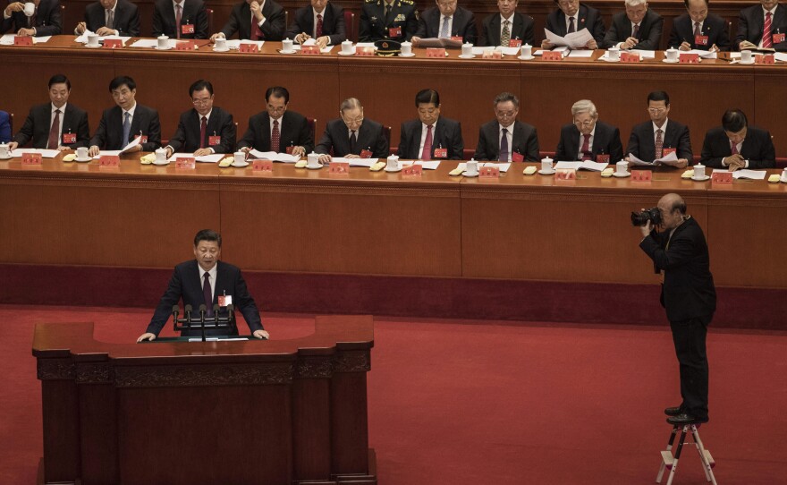 Chinese President Xi Jinping speaks at the opening session of the 19th Communist Party Congress at the Great Hall of the People on Oct. 18 in Beijing.