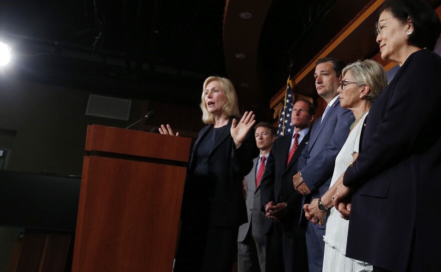 Sen. Kirsten Gillibrand speaks to reporters Tuesday. With her Sens. Rand Paul, R-Ky.,  Richard Blumenthal, D-Conn., Ted Cruz, R-Texas, Barbara Boxer, D-Calif. and Mazie Hirono, D-Hawaii, all of whom have endorsed her bill on military sexual assault.
