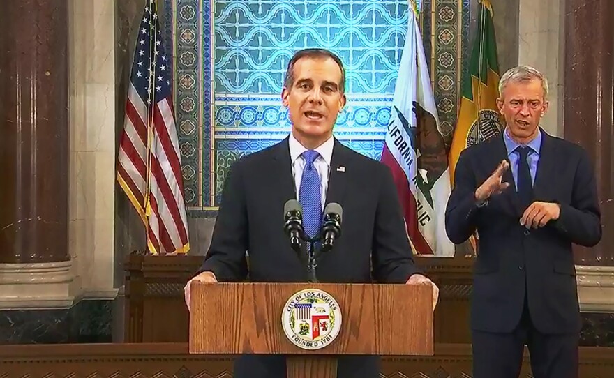 Los Angeles Mayor Eric Garcetti, pictured giving his annual State of the City speech in  April, announced on Wednesday that he is authorizing the Department of Water and Power to shut off service at properties hosting large parties, which are forbidden under coronavirus health orders.