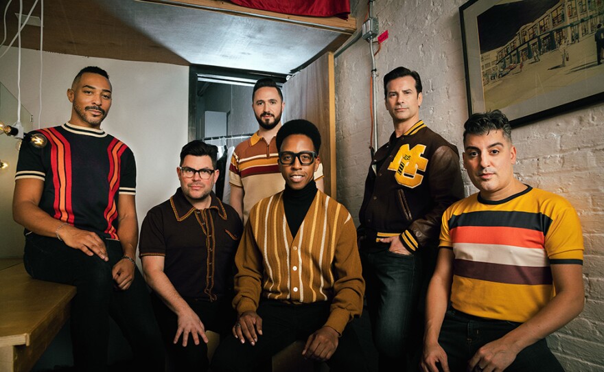 Charl Brown, Musical Director Santino Paladino, Russel Fischer, Dwayne Cooper, Dominic Nolfi, and John Michael Dias.