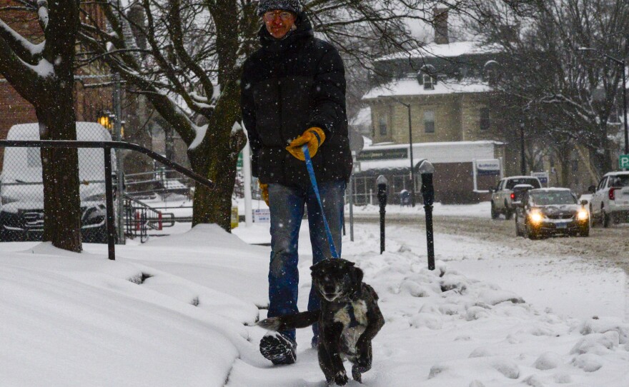 A man walks his dog down Main Street in Brattleboro, Vt., on Saturday, March 23, 2024.