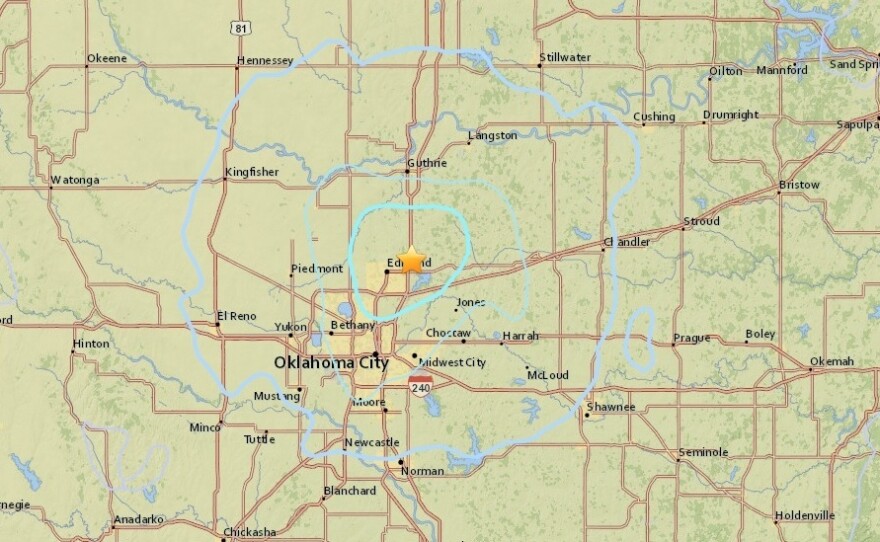 The U.S. Geological Survey shows the location of Wednesday's earthquake in central Oklahoma.