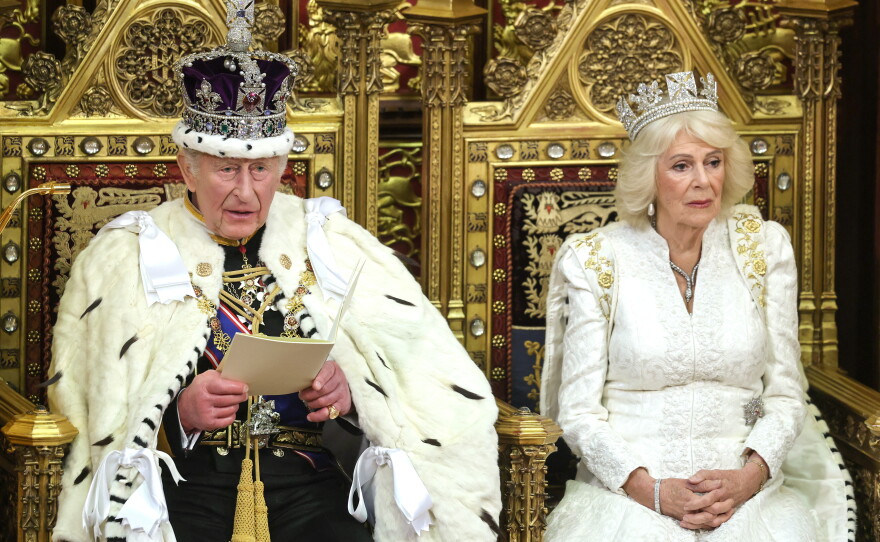 FILE - Britain's King Charles III and Queen Camilla attend the state opening of Parliament at the Palace of Westminster in London, Wednesday, May 13, 2026. (Chris Jackson/Pool Photo via AP, File)