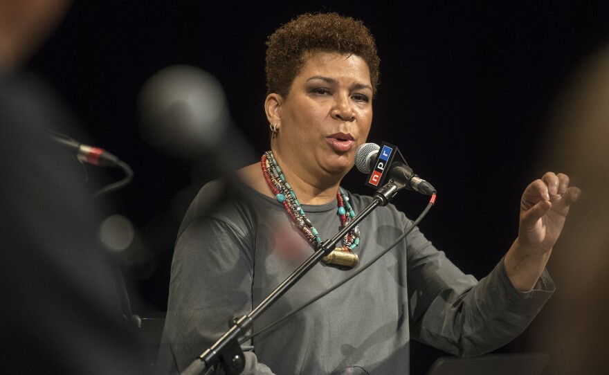 National Public Radio host, Michel Martin asks a question at the live performance of Martin's show, Going There at Colorado State University Tuesday May 24, 2016. The show was titled, " The Future of Water."