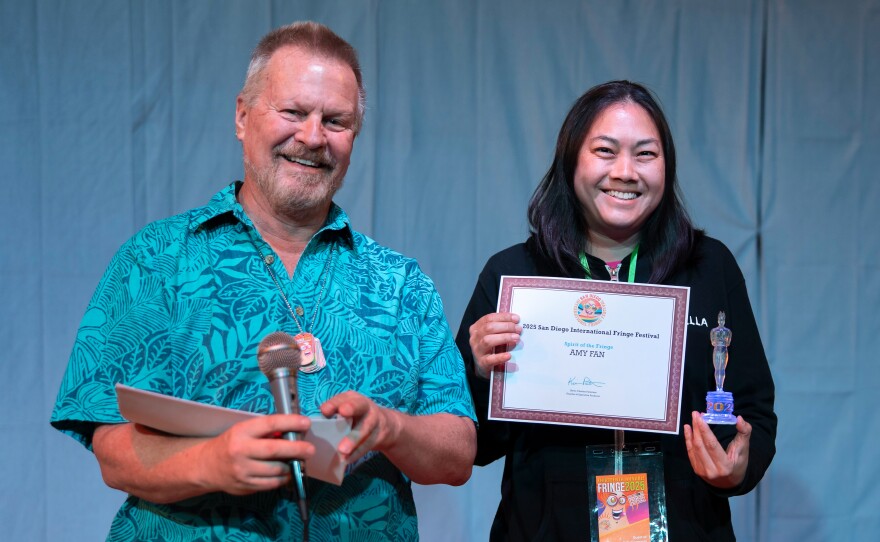 San Diegoi Fringe producing director Shaun Davis with Spirit of the Fringe winner Amy Fan who shot almost every show and offered the video to artists. May 25, 2025
