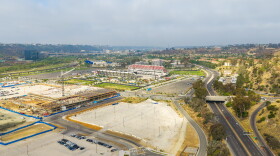 An undated aerial photo shows construction underway at SDSU Mission Valley.