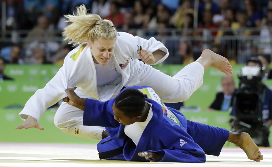 Kayla Harrison of the United States (in white) defeated France's Audrey Tcheumeo in the women's 78 kg judo gold medal match on Thursday in Rio. Harrison, the only American to win a gold in judo, successfully defended the title she won in London four years ago.