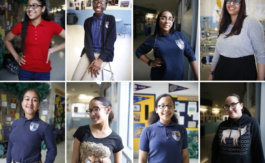 (Clockwise, from top left) Litzy Encarnacion, Ashley Amankwah, Kassy Abad, teacher Shehtaz Huq, Kathaleen Restitullo, Caroline Abreu, Jasmin Acosta and Raizel Febles.