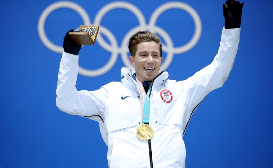 White poses during the medal ceremony for the snowboard men's halfpipe final at the PyeongChang 2018 Winter Olympics in South Korea.