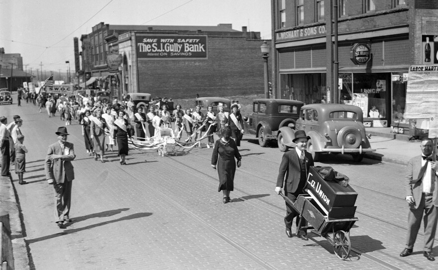 Miners and steel workers parade through Farrell, Pa., on May 1, 1937, to celebrate the upholding of the Wagner Act which protects workers' rights to form and join unions.