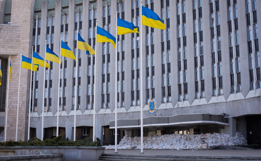 Dnipro's City Hall is open for business but protected with sandbags.