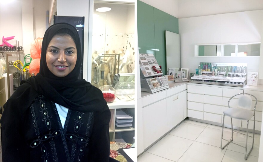 May Saja (left), general manager of merchandising at Harvey Nichols, who says that the election was "just the beginning," but also that "it's not easy to change the mindset of a whole country." On the right: one of the private makeup rooms Princess Reema put into the store to make female customers more comfortable.