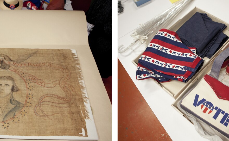 (Left) An old banner for Thomas Jefferson's campaign in 1800 has printed on it "T. Jefferson President of the United States of America / John Adams is no more." (Right) For the 1972 presidential election the age to vote was lowered to 18 clothes were used to bring in younger voters.