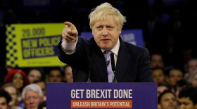 Britain's Prime Minister Boris Johnson speaks during his ruling Conservative Party's final election campaign rally at the Copper Box Arena in London, Wednesday, Dec. 11, 2019.