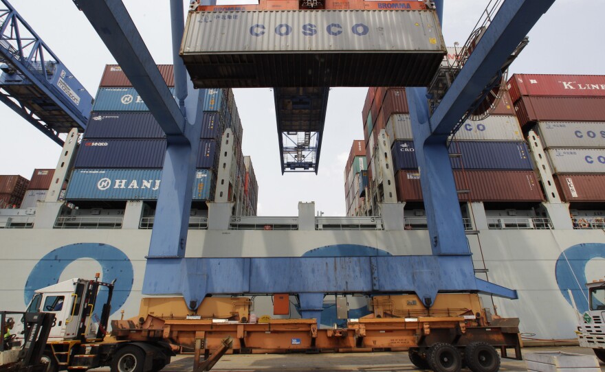 A container ship from China is offloaded at Massport's Conley Terminal in the port of Boston.