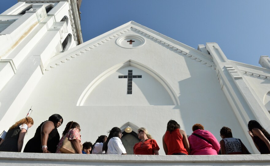 People line up to enter for Sunday service at the Emanuel AME Church in Charleston, South Carolina.