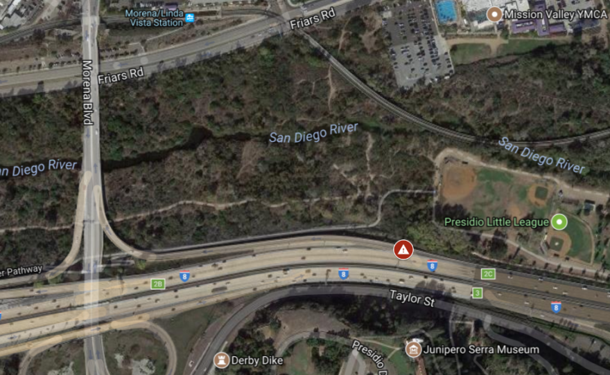 A map shows the off-ramp from westbound Interstate 8 to Morena Boulevard, March 12, 2018.