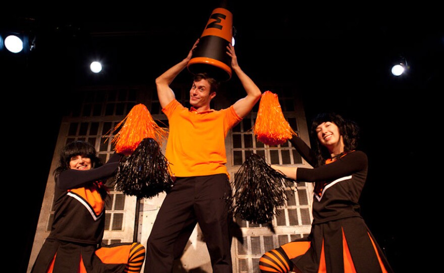 Cynthia Carle, Brian Gillepsie, and Liesel Hanson as the Miskatonic pep squad in "Re_Animator The Musical."