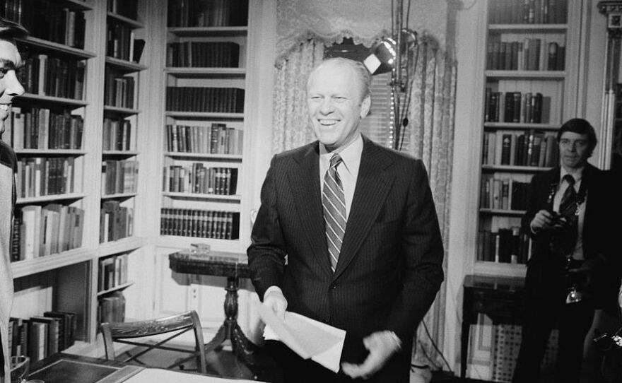 President Gerald Ford finishes giving a speech on Jan. 13, 1975. Ford was born 100 years ago Sunday.