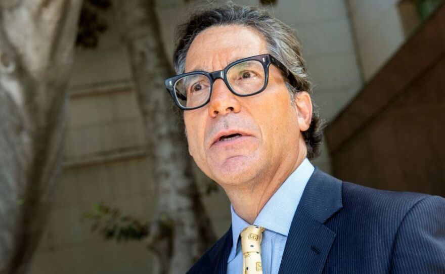 Britney Spears' recently hired lawyer, Mathew Rosengart, speaking to reporters outside the Los Angeles County Courthouse on July 19.