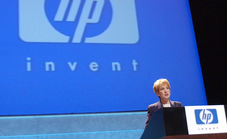 Then-Hewlett Packard CEO Carly Fiorina speaks after HP shareholders voted about whether to merge with Compaq Computer on March 19, 2002 in Cupertino, CA.