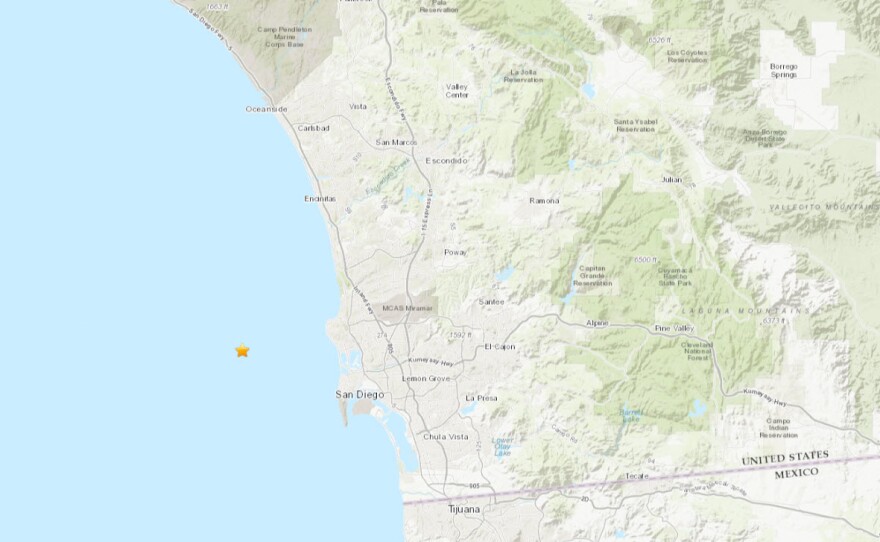 A map from USGS shows the location of an earthquake with a preliminary magnitude of 3.3. The location of the quake is 11 miles away from La Jolla in the Pacific Ocean. March 8, 2024.