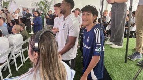 Twelve-year-old center-back Thiago Terrazas gets ready to be introduced as part of San Diego FC's new Right to Dream Academy team, Sept. 26, 2025.