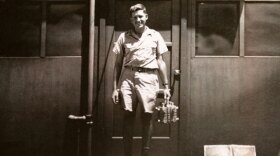Dr. Harold Agnew in 1945. He is holding the core component of the bomb dropped on Nagasaki, Japan. This small box killed upwards of 70,000 people.
