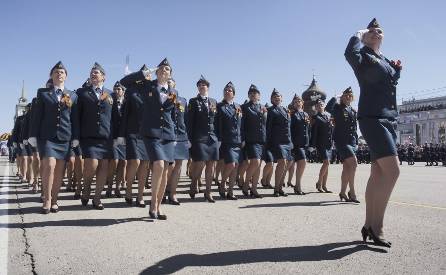 Russian Emergencies Ministry members march during the Victory Day parade in Tula, Russia.