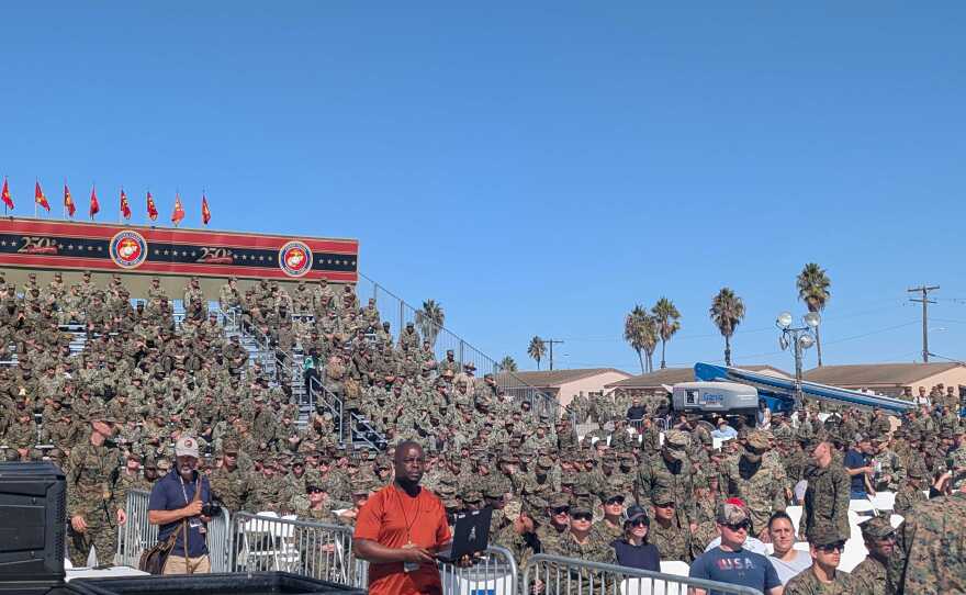 Marines and sailors at the start of the Marine Corps birthday event at Del Mar Beach on Camp Pendleton Saturday, Oct. 18, 2025.