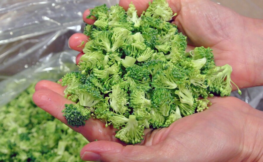 Among the produce Bon Appetit's program aims to save from the dump: broccoli fines — the little pieces that fall off during processing. "They go great on a deli line, in a stew or pre-made salad," says the company's waste specialist, Claire Cummings.