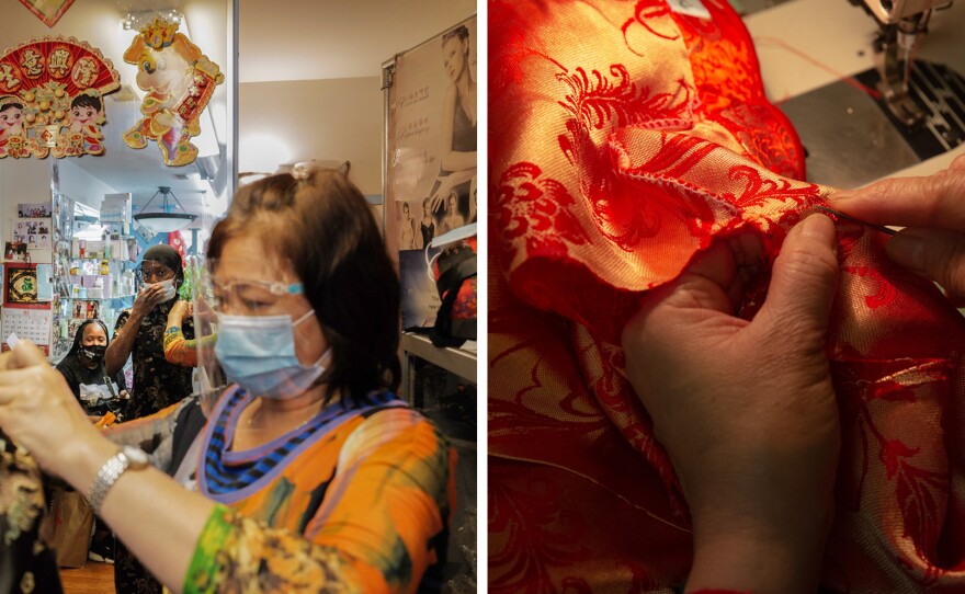 Lisa Lai founded Dia Boutique, a shop in Philadelphia's Chinatown that sells cheongsams and provides alteration services. Left: Lai twists a button on the cheongsam for a customer. Right: Lai sews a dress by hand. "My wrist hurts at times after having worked for a whole day," she says.